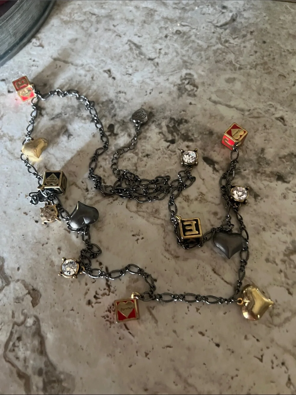 Betsey Johnson Gunmetal Chain Necklace with Gold and Red Block Charms